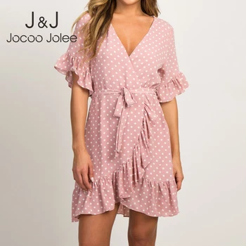 

Jocoo Jolee Women Boho Style V Neck Polka Dot Dress Summer Beach Ruffles Mini Dress Casual Short Sleeve Belt Party Dress