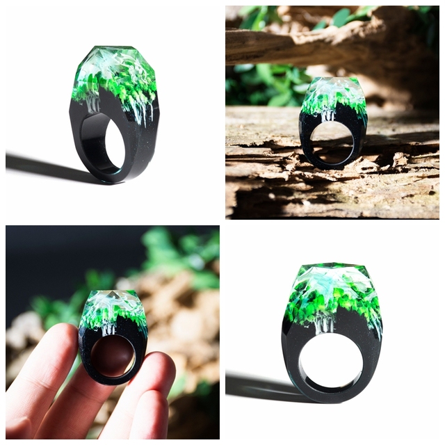 Fashion Wood Resin Ring Female Forest Handmade Rainbow Star Secret Sky Micro Landscape Wooden Ring High Quality Jewelry
