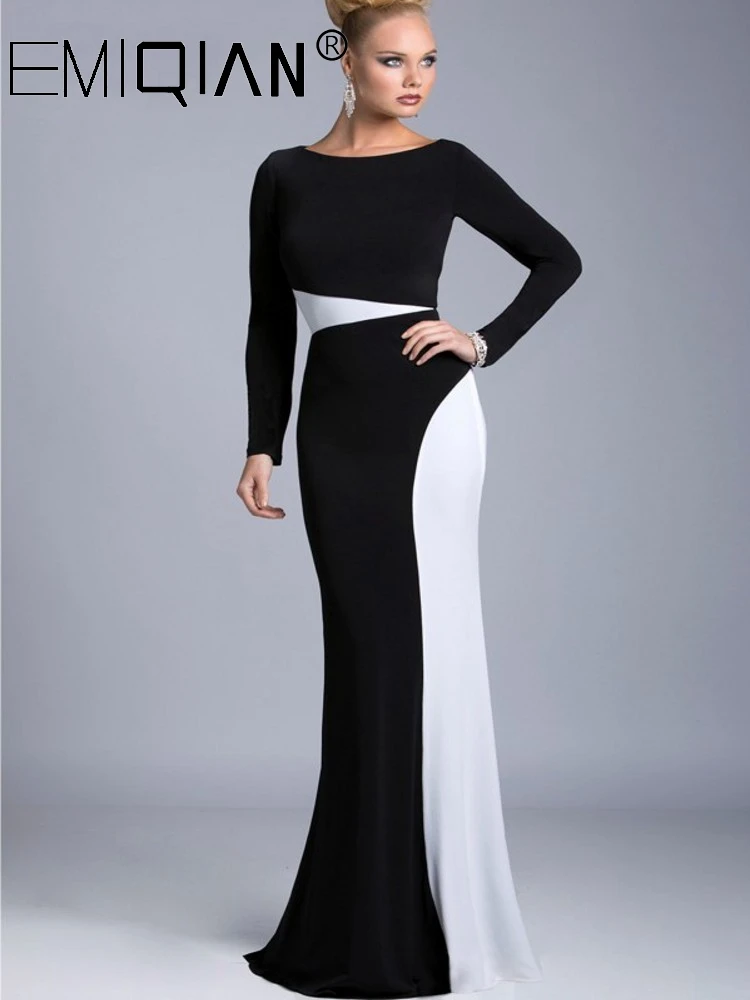 Elegant Black and White Jersey Formal Evening Dress,Arabic Dubai Long Sleeve Mermaid Party Evening Gowns robe de soiree