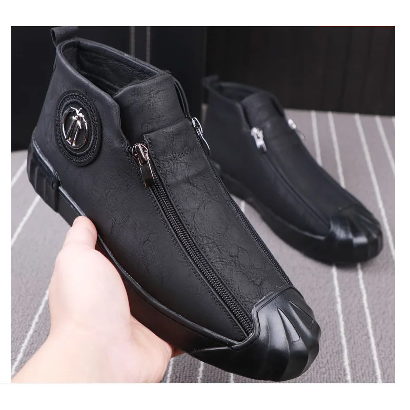 Wholesale Shell Cap Men Loafers Sheet Metal Gold Eagle Zip High Top Men Shoes Casual Leisure Hip Hop Flats Sneakers botas Hombre - Color: Black