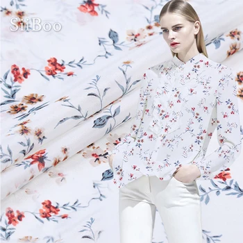 

Elegant pastoral floral print 100% silk crepe de chine fabric apparel for dress white natural silk tissu fabrc telas 14mm SP5349