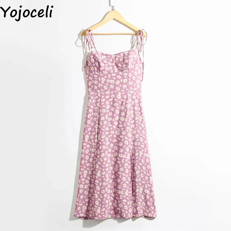 Yojoceli, сексуальное женское платье с разрезом, элегантное, с цветочным рисунком, летнее, на бретелях, длинное, Пляжное, для вечеринки, женское, повседневное, крутое, с бантом, сарафан, vestidos