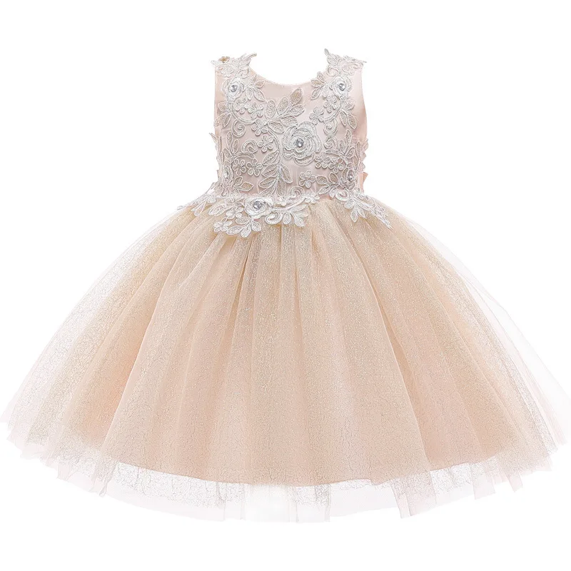 

Champagne Summer New Children's Dress Lace Princess Girls Embroidery Champagne Party Dress for Flower Girl Dress
