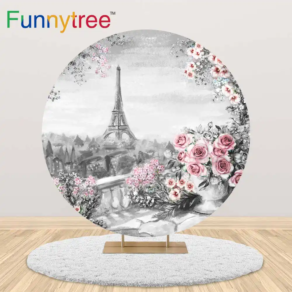 Funnytree Paris Tour Rose Ciel Peinture Cercle Rond Toile De Fond Couverture Fete D Anniversaire Mariage Fond Fleuri Decoration De La Maison Aliexpress