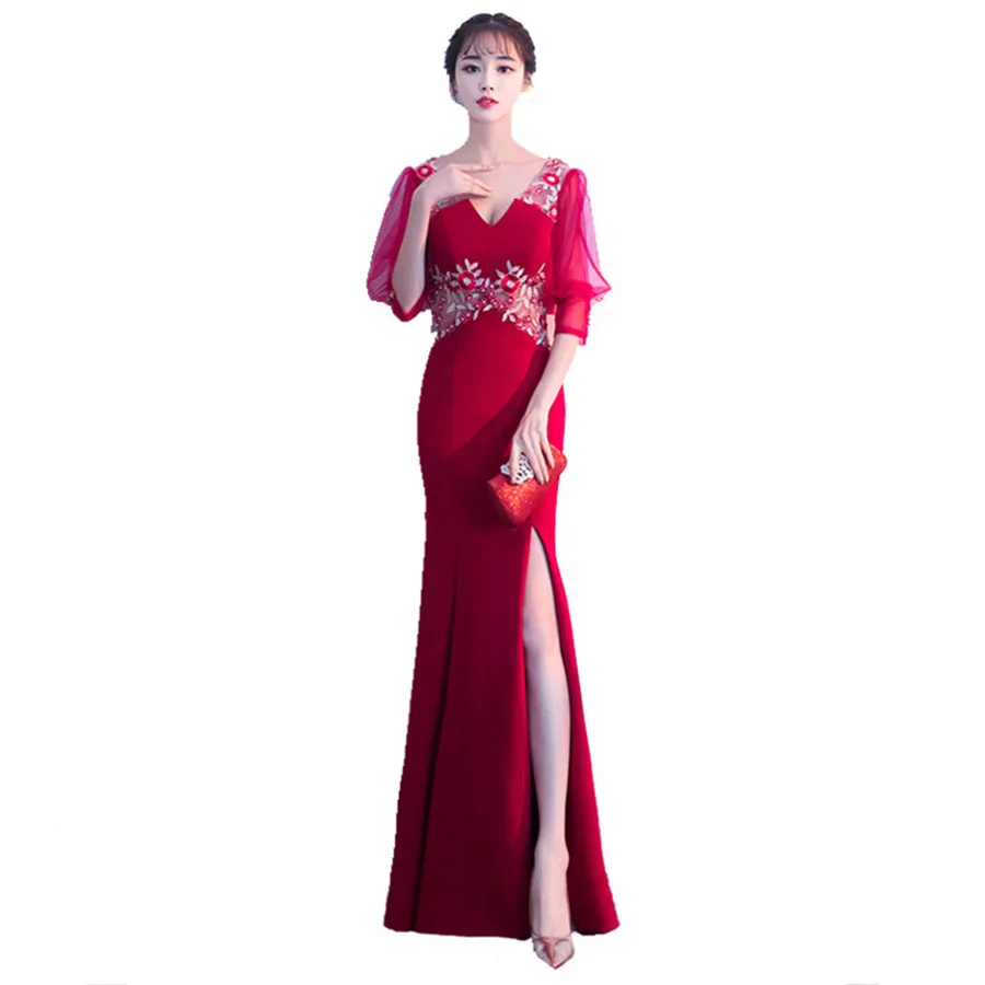

Deep V-neck Half-sleeve Mermaid Evening Gown Formal Dresses 2019 Embroidery Floor Length Split Robe De Soiree Evening Dress F262