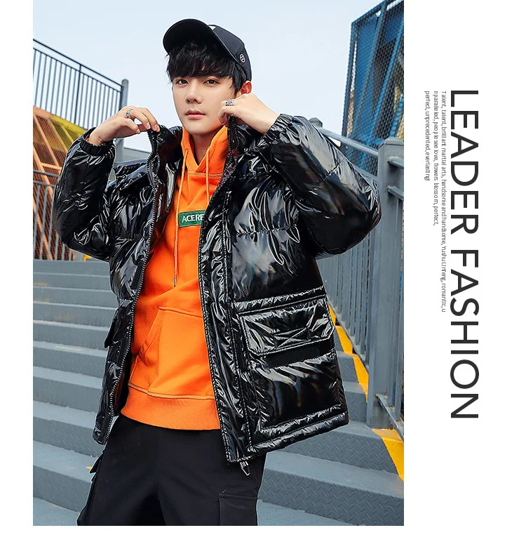 Bright Surface Patent Leather down Jacket Men's Short Popular Brand Hooded Thick Warm Cold Couples down Jacket MEN'S Coat Fashio
