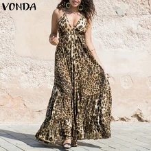 VONDA, женское сексуальное леопардовое платье,, летнее, на тонких бретелях, с рюшами, качели, макси, длинное платье размера плюс, без рукавов, вечерние, Vestido 5XL
