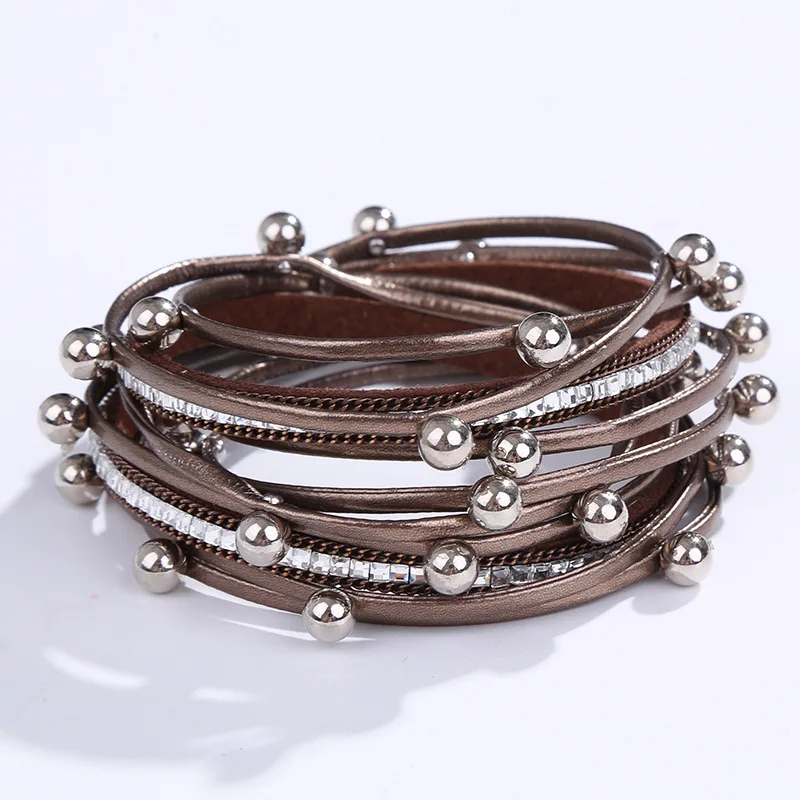 Многослойный кожаный браслет с хрустальными бусинами Boho браслеты для женские с магнитом пряжка ручной работы браслет манжета ювелирные украшения в подарок любимой - Окраска металла: Coffee