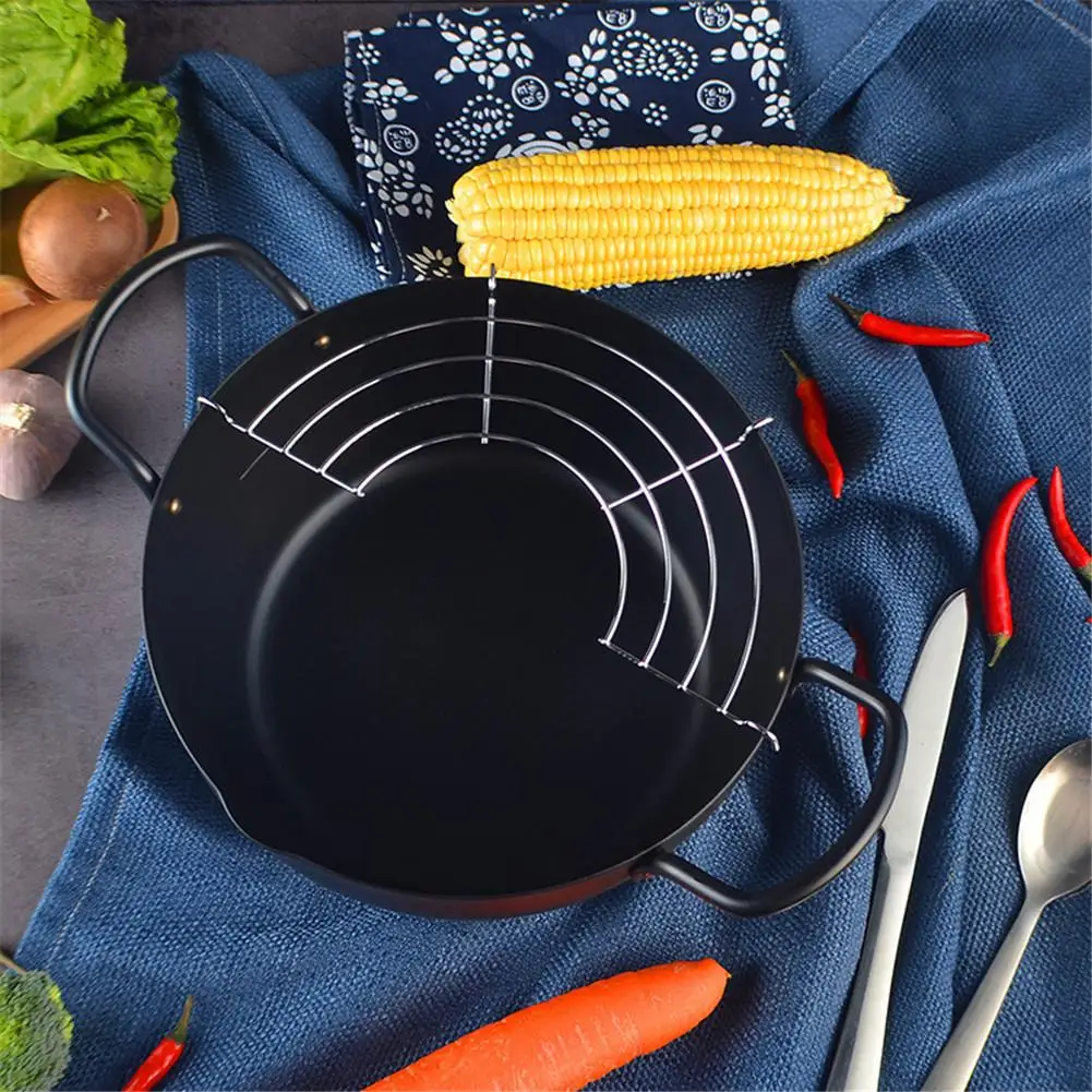 Japanese Fryer 22CM Fine Iron Pot With Removable Drain Rack Large Capacity Home Hotel Fried Shrimp Non-stick Pan Tempura Hot Pot