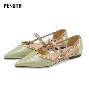 

2020 PENUTA Patent Leather Flats Newest Pointed Toe Rivet Shoes Women Fashion Designer Ladies Studded Oxfords Beige Green F0064