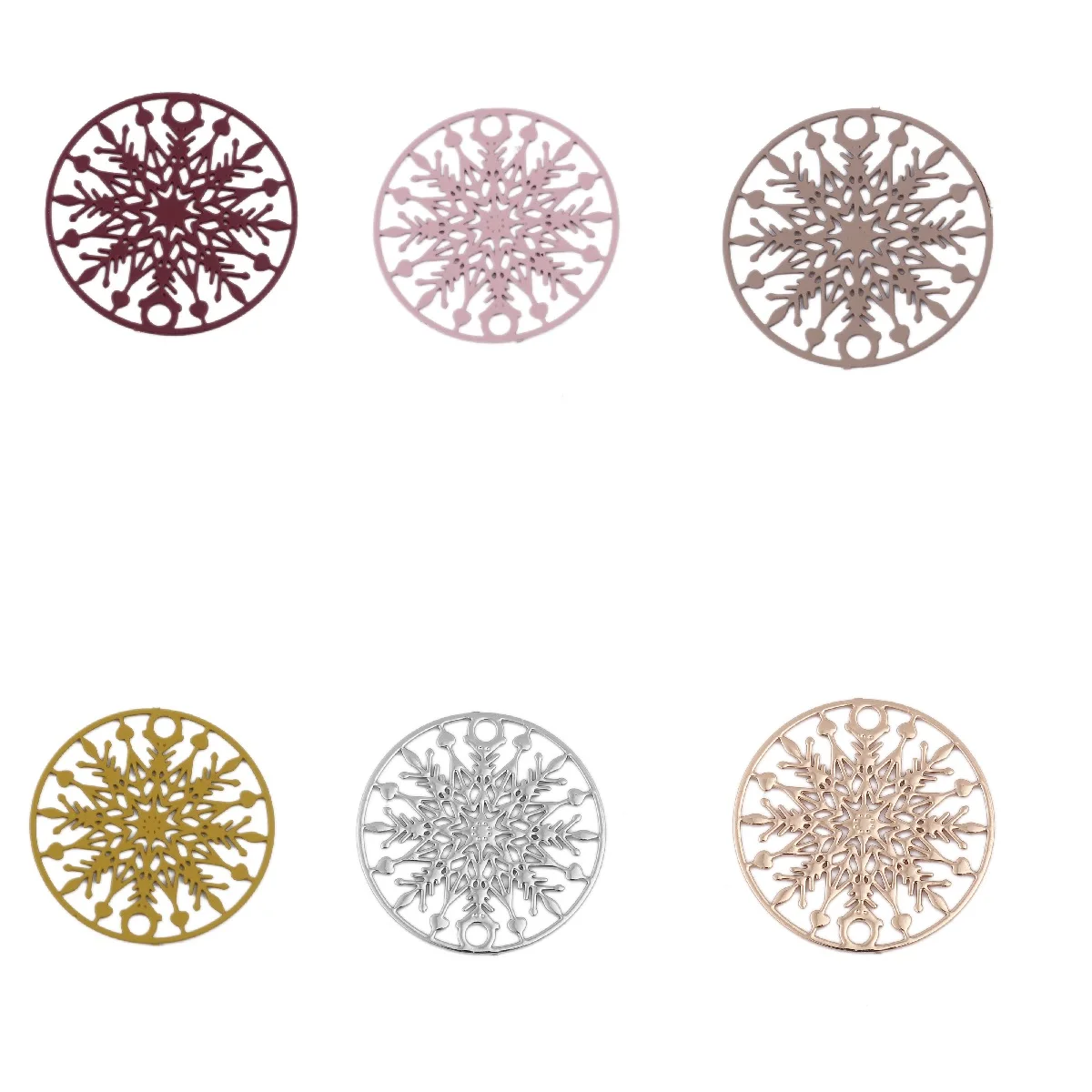 

6 Colors Christmas Snowflake Round Connectors Copper Filigree Stamping 20mm Dia For DIY Earring Necklace Jewelry Making, 10 PCs