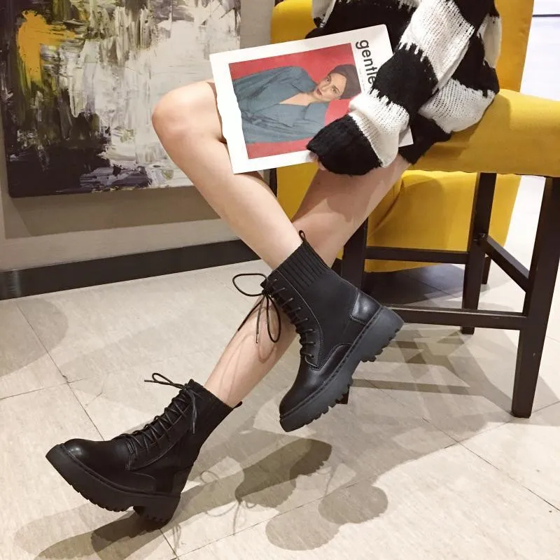 Round Toe Winter Boots Lady Lace Up Ankle Booties Women Chunky Heel Low Heels booties Rock Shoes Woman Boots-women Short