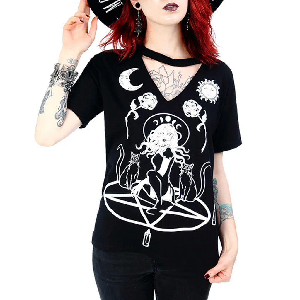 Готическая футболка с изображением Луны женская летняя коротким рукавом в стиле