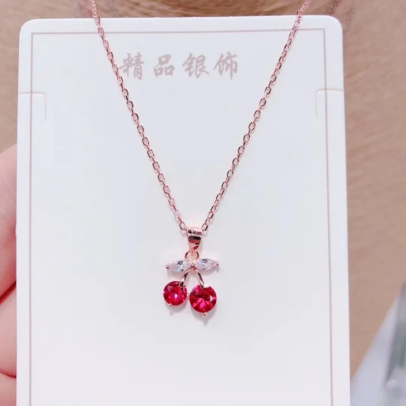 rose red cherry OMHXZJ XR158 Европейская мода для женщин и девушек подарок на день рождения свадьбу вишня циркон 925 пробы Серебряное Ожерелье - Цвет камня: rose red cherry