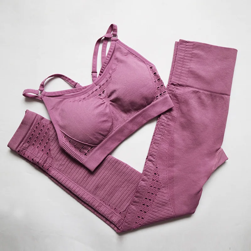 Tanie Bez szwu zestaw do jogi kobiety odzież fitness odzież sportowa kobieta legginsy gimnastyczne wyściełane push up Strappy stanik sportowy Sexy garnitury sportowe