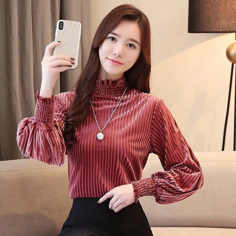 Осенние новые корейские размера плюс Roupa Feminina повседневные короткие свободные Camisas золотые бархатные женские блузки с рукавами-фонариками