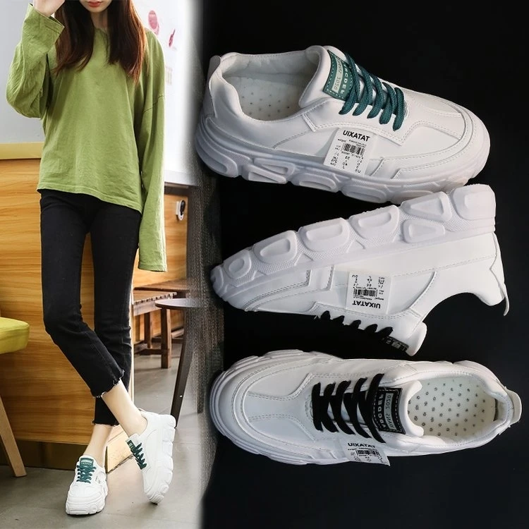 Женские белые кроссовки на платформе; INS Ulzzang; модные теннисные туфли; Женская Спортивная повседневная обувь на массивном каблуке; кожаная женская обувь на плоской подошве со шнуровкой