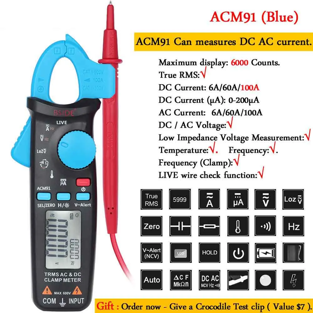 ACM91-blue-Gift Мини Цифровые токовые клещи BSIDE ACM серии True RMS постоянного тока переменного тока Напряжение Ом темп Емкость Гц NCV тестер Амперметр мультиметр - Цвет: ACM91-blue-Gift