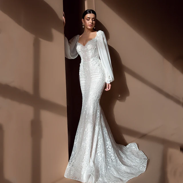 Customized  Sexy Lace White Mermaid Wedding Dresses Sweetheart Detachable Puffy Sleeves Sweep Train Elegant Wedding G 1
