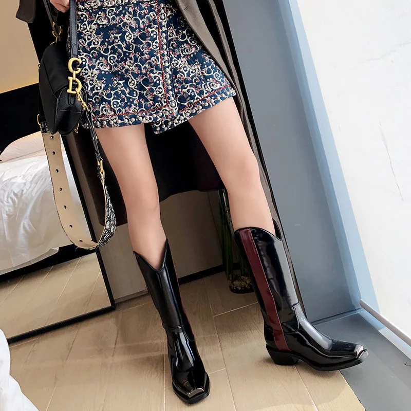 Autumn Spring Boots Woman Square Toe Slip On Med Square Heel Casual Bottes Black Genuine Leather Print Red Line Boots Woman