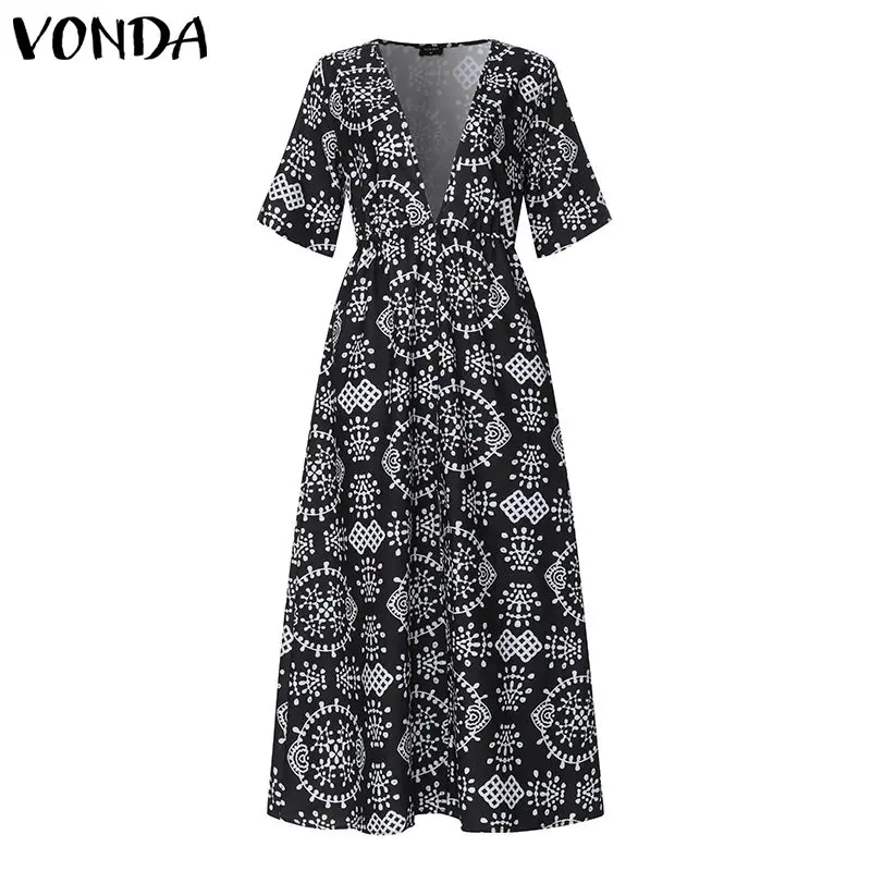 VONDA/ богемное платье для беременных с принтом, сексуальное женское летнее платье с разрезом, короткий рукав, длинный халат, повседневные свободные вечерние пляжные платья - Цвет: Черный