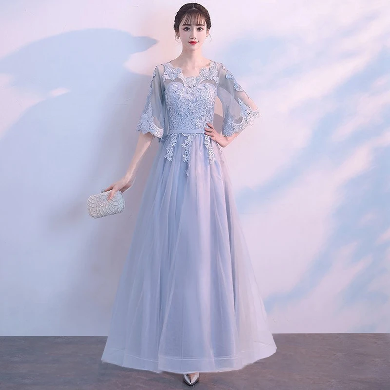 Long Dress Серое кружевное женское платье Чонсам элегантное тонкое Сетчатое платье Ципао с острым вырезом Королевское женское платье для выпускного вечера Cheongsam dentelle - Цвет: Long Dress