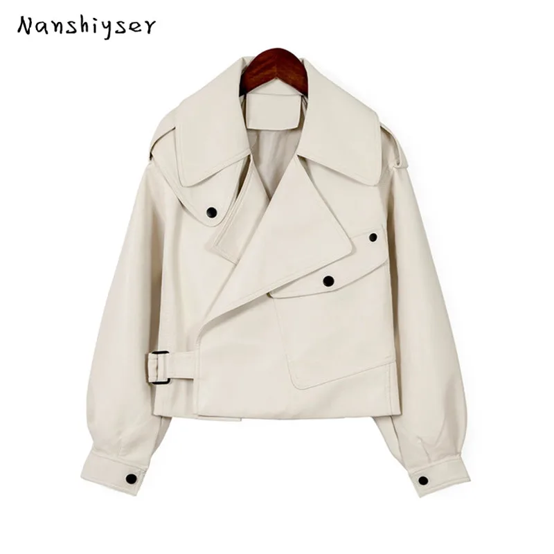 

Nanshiyser Black Short Loose Pu Leather Jacket Autumn Winter Soft Faux Leather Jacket Street Casual Outwear Ladies Biker Jacket