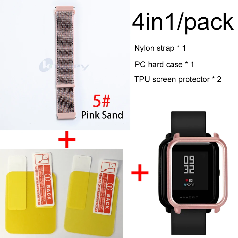 4в1 для Xiaomi Huami Amazfit ремешок bip браслет нейлоновая петля Smartwatch Браслет amazfit bip чехол с защитой экрана - Цвет: 5-Rose pink case