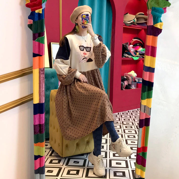 SHENGPALAE корейское модное свободное платье большого размера Vestidos с круглым воротником и длинным рукавом с мультяшным принтом, лоскутное женское платье FV985