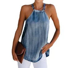 Best Offers Women Sexy Halter Denim Vest Fashion Off-Shoulder High Street Solid Color Casual Sleeveless Lace Up Bottoming Top