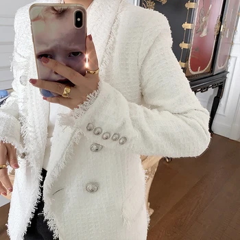 

Autumn 2020 Blazer Women Coat Long Sleeve Fashion Korean Tweed Jacket Fringe Double Breasted Office Lady White Blazers