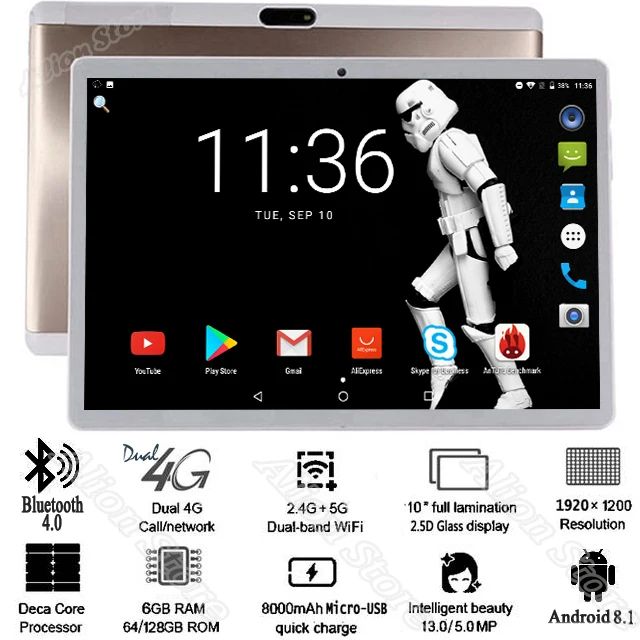 Планшет 4G LTE 10 дюймов 6 ГБ ОЗУ 1920* 1200HD 2.5D Закаленное стекло Восьмиядерный 4G 128 Гб ПЗУ Две камеры Android 8,1 планшет+ подарки