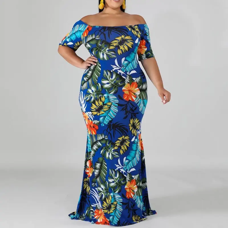 Длинное платье размера плюс с цветочным принтом, женские макси платья Boho, элегантное платье в пол с вырезом лодочкой