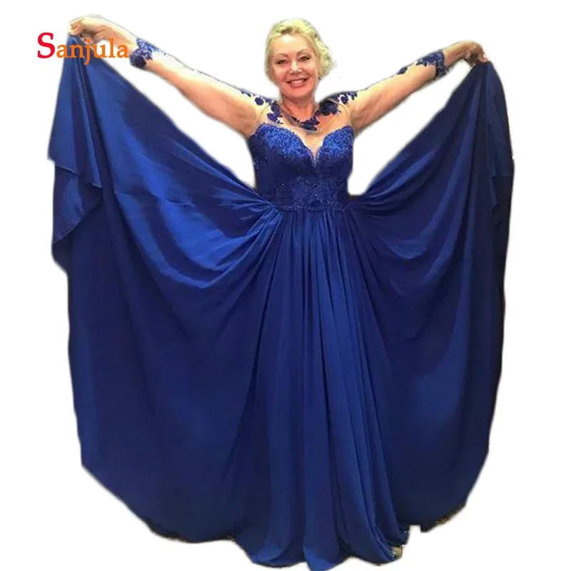 

Roayl Blue Chiffon Evening Dresses with Sleeve Illusion Scoop A-Line Evening Gowns Plus Size Mother of the Bride Dress D1339