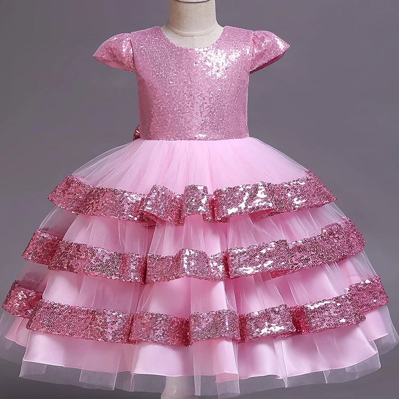 D1217-Pink Pegeant/Детские платья с блестками и открытой спиной для девочек; платья принцессы для свадебной вечеринки; многослойные платья-пачки для первого причастия для маленьких девочек - Цвет: D1217-Pink