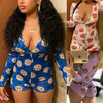 

Women Overalls Nighwear Sexy Women Deep V-neck Print Leotard Long Sleeve Print Spring Button Bodysuit Shorts Leotard Sleepwear