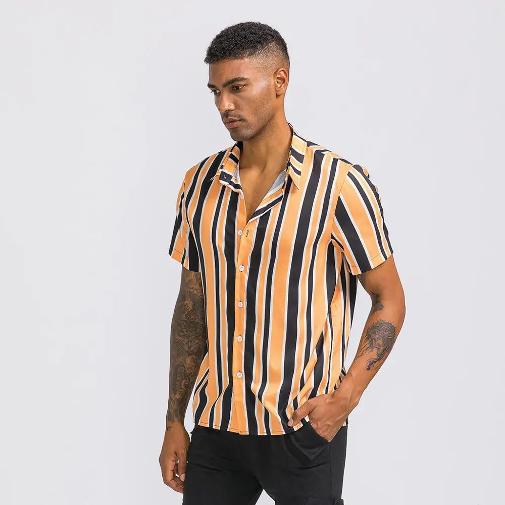 Mens Striped Printed Chest Pocket Turn Down Collar Short Sleeve Casual Shirts#4O23