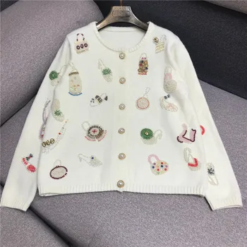 

Super Beautiful Heavy Beaded Sequined Handmade Retro Sweater Cardigan Women's Pearl Decorative Knitted Jacket Cardigans Mujer