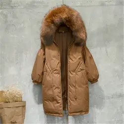 Campera pluma mujer, пуховик на утином пуху, женская зимняя теплая куртка с натуральным меховым воротником и капюшоном, негабаритный пуховик