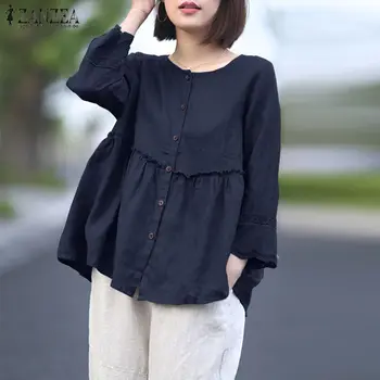 

Blusas Top 2020 Summer Cotton Blouse ZANZEA Vintage Ruffled Shirt Women Solid Long Sleeve Lace Patchwork Tunic Tops Chemise 5XL