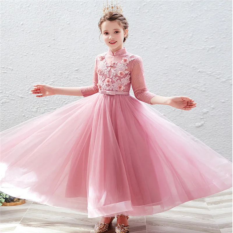 Autumn Winter Sweet Appliques Flowers Long Sleeves Birthday Wedding Party Princess Dress Kids Tutu Host Costumes Dress Wear