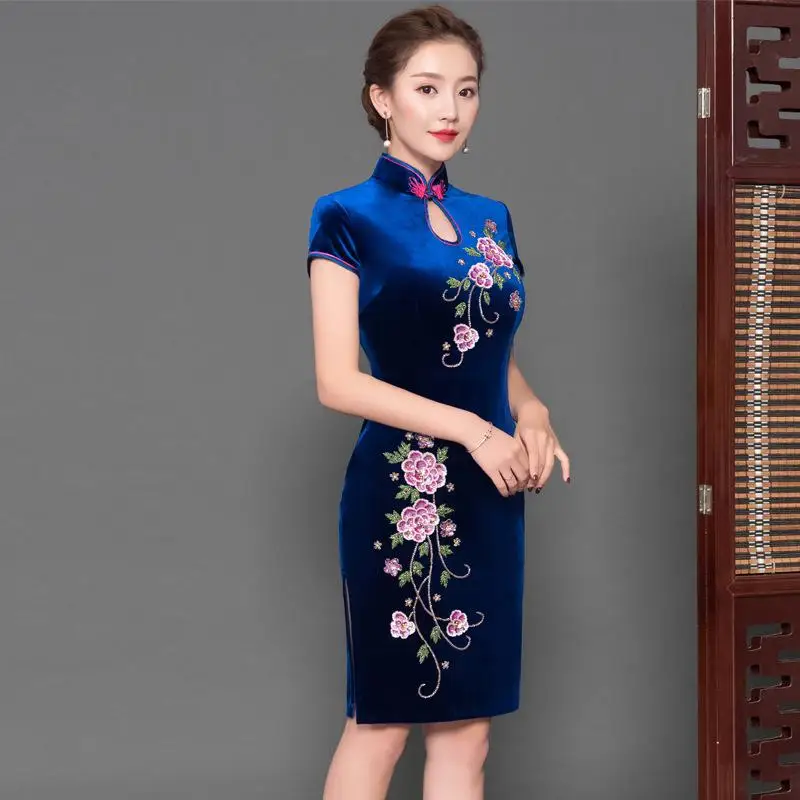 Для молодых девушек; половина рукав длинный Cheongsam вечернее платье, пикантное Новинка Тесная в восточном/китайском стиле современное Ципао большой Размеры 3XL 4XL Vestidos - Цвет: Blue C