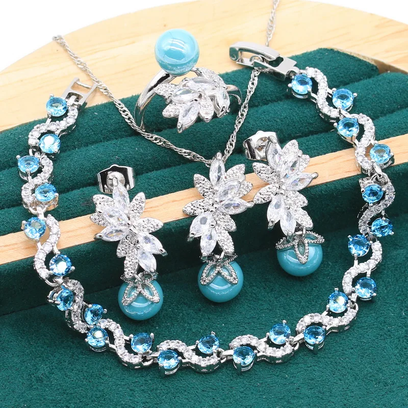 925 Sterling Silver Jewelry Set For Women Bride Blue Pearl Bracelet Pierced Earrings Necklace Pendant Ring Wedding Gift 4PCS jewelry set silver jewelry silver jewelry set pearl jewelry