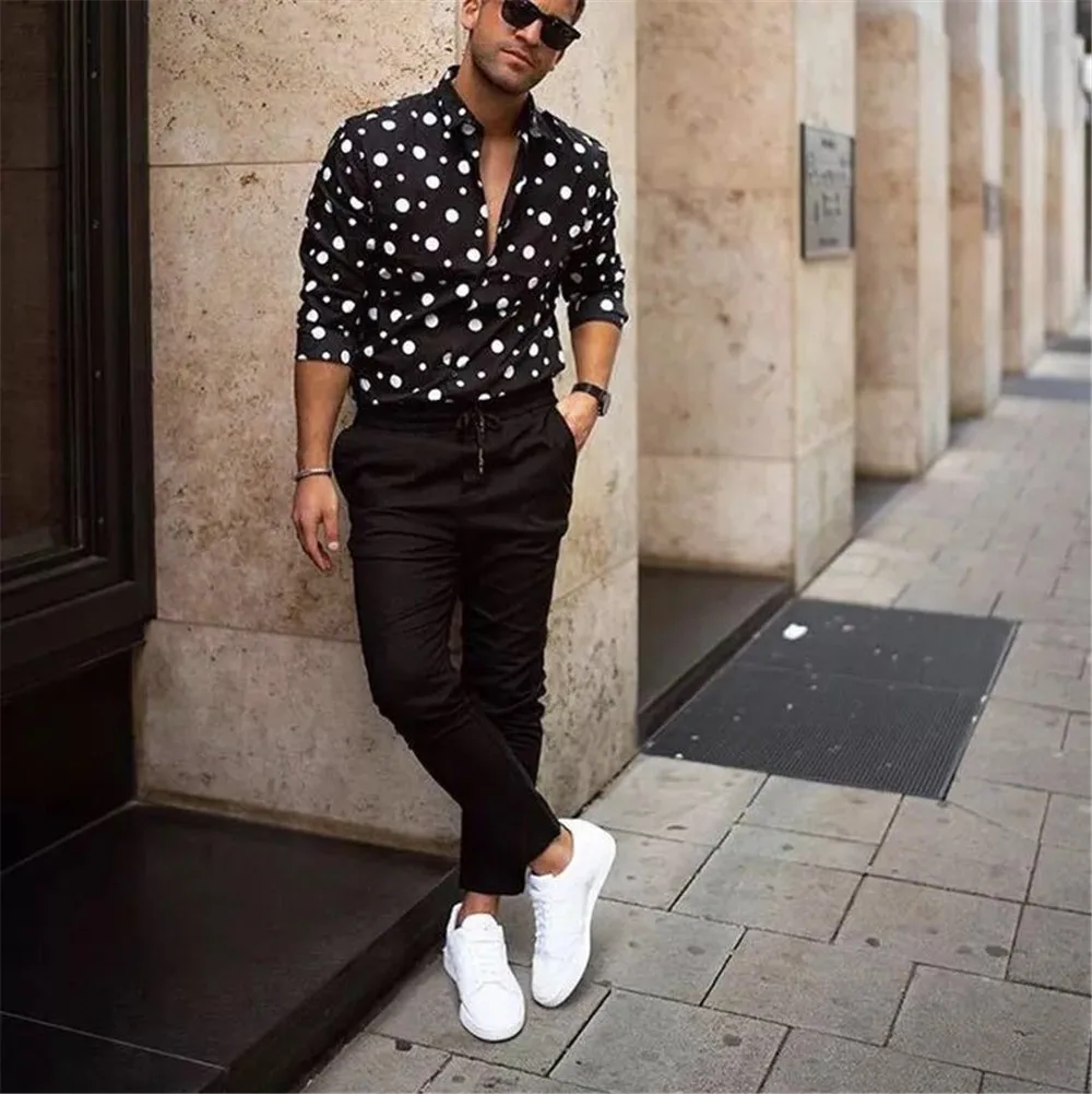 New Mens Shirt Vintage Boho Dot Long Sleeve Elegant Dress Shirts Men Casual Formal Party Shirts Tops Camisa Slim Fit Hombre