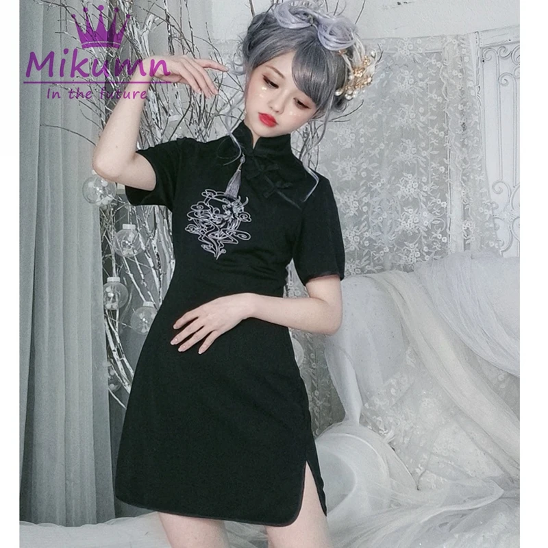 Готическое платье китайский стиль Cheongsam женское облегающее мини-платье уличная Harajuku Сексуальная черная Vestidos