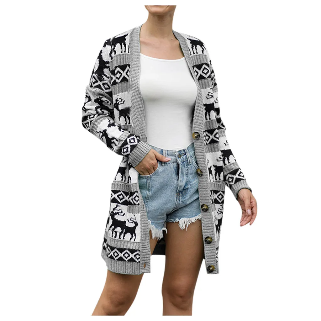 JAYCOSIN Women Sweater Christmas Elk Print Fashion Sweater Open stitch female Winter Long Sleeve sweaters overcoats pockets