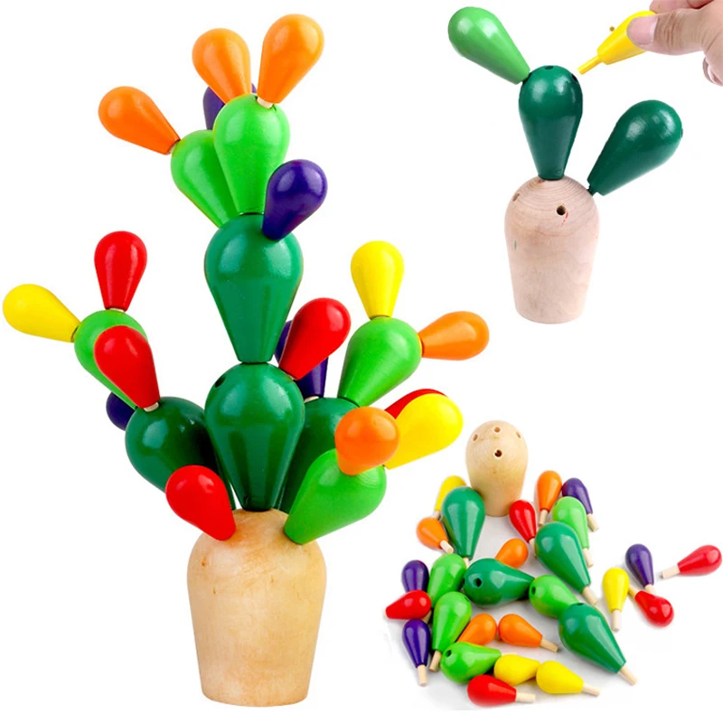 Montessori Rainbow Wooden Tree Stacker Coordination Play M-Aimee Wooden Balancing Cactus Toy Ideal for Kids and Toddlers Colorful Blocks Cactus Toy Learn Basic Math Concepts Plan 