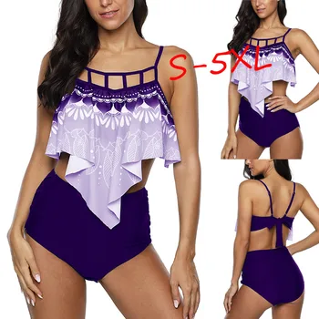 

Hot Selling Underwear Set Women Plus Size Takini High Waist Ruffle BathingSuit Female Retro Hollow Out Lengerie Female Intimate