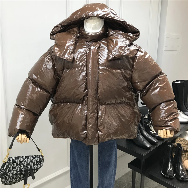 coffee Glossy Women Winter Jacket Hooded Women Parkas Warm Cotton Jackets Waterproof Coat Down Parka For Women - Color: coffee