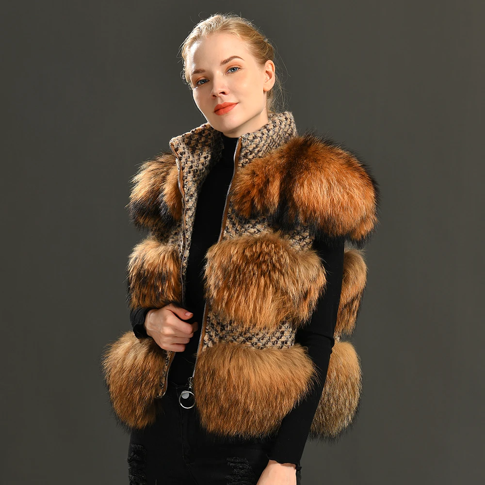 

New Real Fur Vest Women Woolen Blends Jacket Casual Fluffy Winter Coat Genuine Raccoon Fur WaistCoat